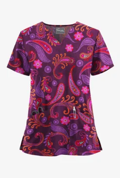 UA Butter-Soft STRETCH Vibrant Paisley Eggplant Women's 2-Pocket V-Neck Printed Scrub Top