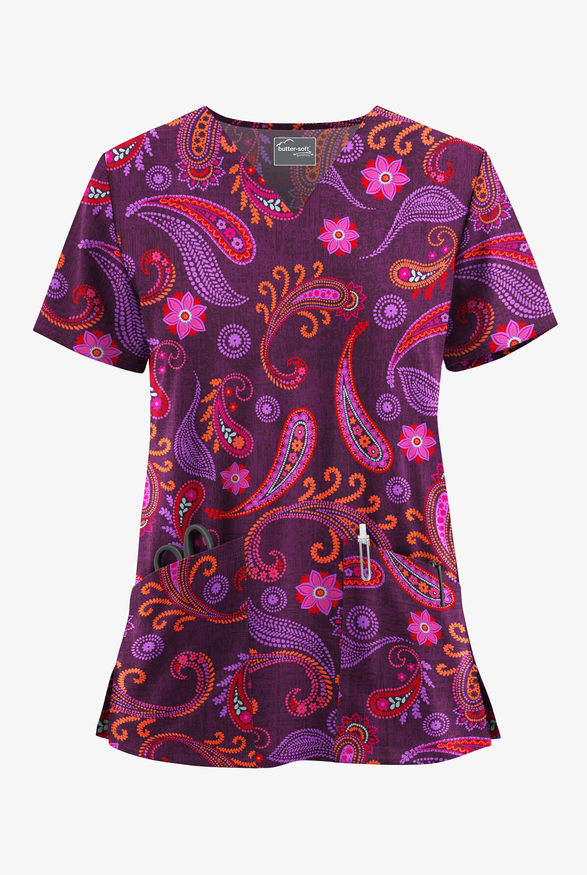UA Butter-Soft STRETCH Vibrant Paisley Eggplant Women's 2-Pocket V-Neck Printed Scrub Top 1 UA Butter-Soft STRETCH Vibrant Paisley Eggplant Women's 2-Pocket V-Neck Printed Scrub Top