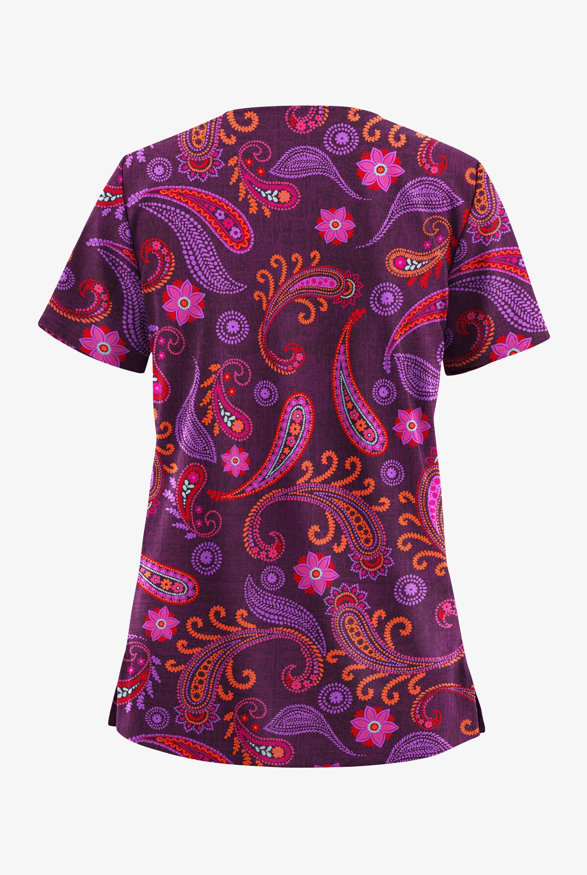 UA Butter-Soft STRETCH Vibrant Paisley Eggplant Women's 2-Pocket V-Neck Printed Scrub Top 2 UA Butter-Soft STRETCH Vibrant Paisley Eggplant Women's 2-Pocket V-Neck Printed Scrub Top - Image 2