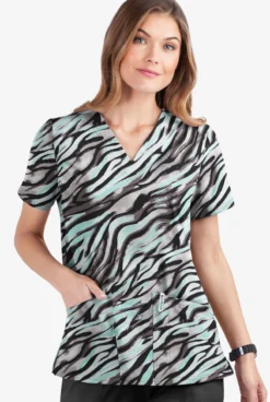 UA Butter-Soft STRETCH Wild Stripes Aqua Moon Women's 2-Pocket V-Neck Print Scrub Top