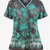 UA Butter-Soft STRETCH Wildflower Border Pewter Women's V-Neck 3 Pocket Printed Scrub Top