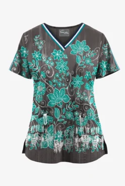 UA Butter-Soft STRETCH Wildflower Border Pewter Women's V-Neck 3 Pocket Printed Scrub Top
