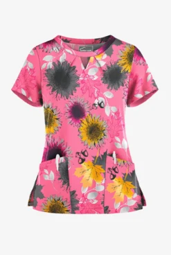 Butter-Soft Autumn Sunflowers Rose Dusk Women's 2-Pocket Keyhole V-Neck Printed Scrub Top