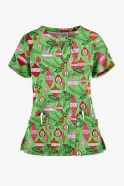 Butter-Soft Christmas Baubles Grass Green Women's 2-Pocket Keyhole V Neck Printed Scrub Top
