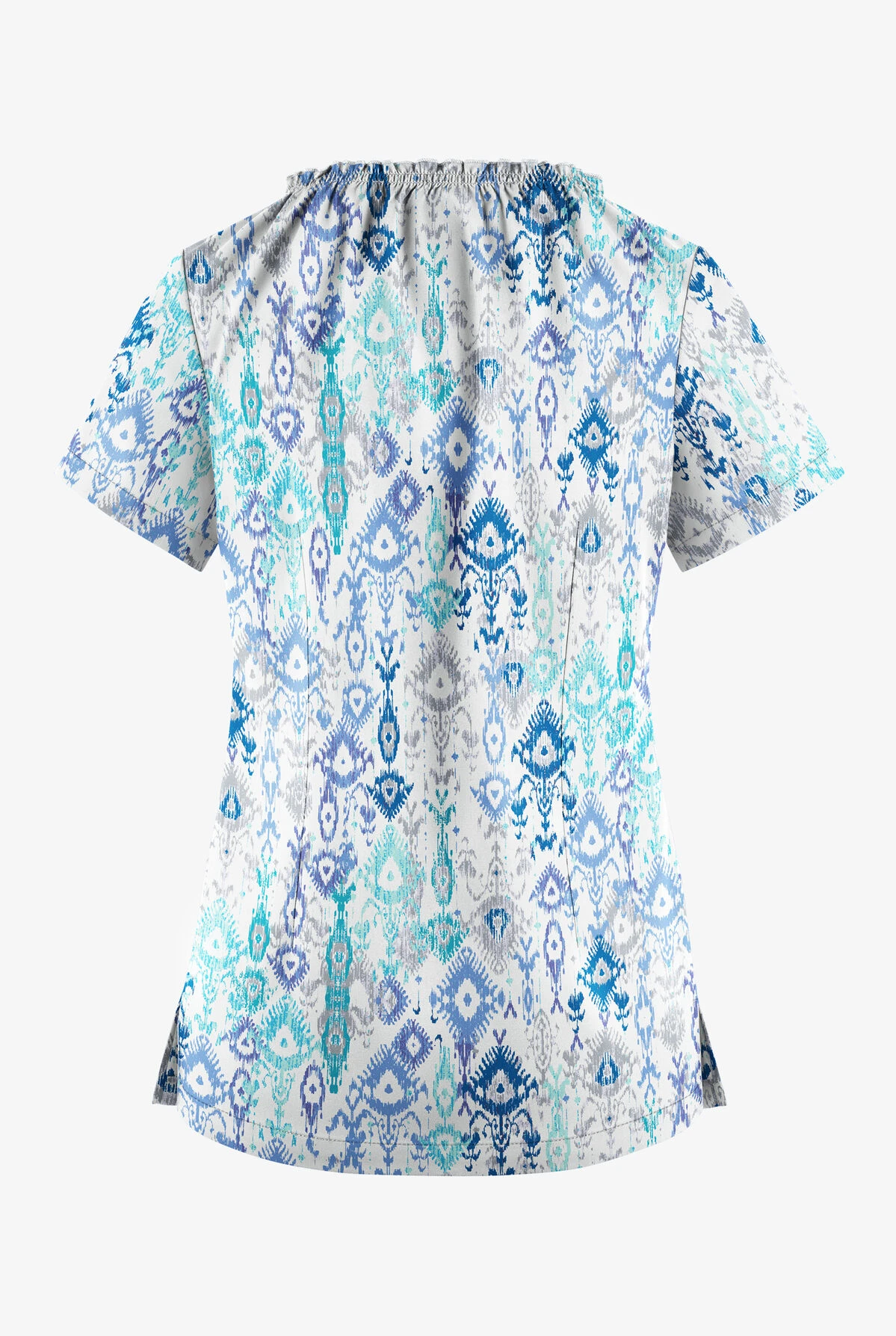 UA Butter-Soft STRETCH Cascading Ikat Amparo Blue Women's 6-Pocket Peasant Style Print Scrub Top 2 UA Butter-Soft STRETCH Cascading Ikat Amparo Blue Women's 6-Pocket Peasant Style Print Scrub Top - Image 2