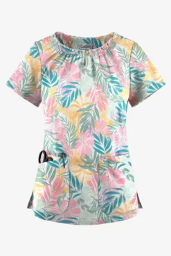 UA Butter-Soft STRETCH Tropical Mix Women's 6-Pocket Peasant Style Printed Scrub Top