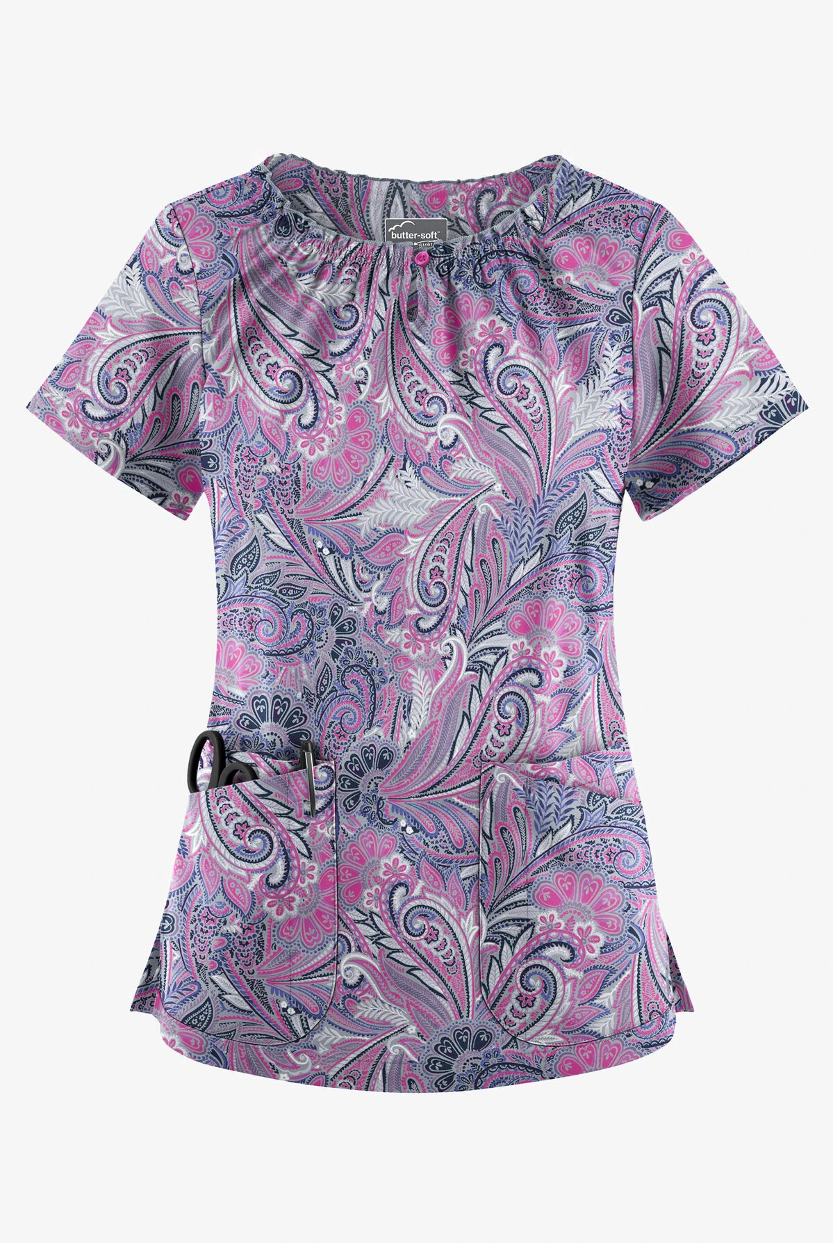 UA Butter-Soft STRETCH Vienna Paisley Silver Women's 6-Pocket Peasant Style Print Scrub Top 1 UA Butter-Soft STRETCH Vienna Paisley Silver Women's 6-Pocket Peasant Style Print Scrub Top