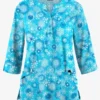 Butter-Soft Dazzling Snowflakes Turquoise Women's 2-Pocket Round Neckline Print Scrub Top