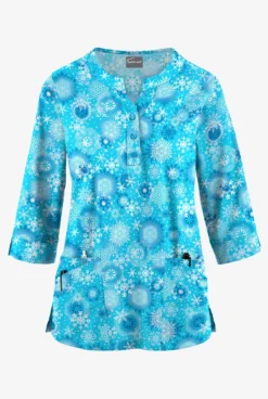 Butter-Soft Dazzling Snowflakes Turquoise Women's 2-Pocket Round Neckline Print Scrub Top