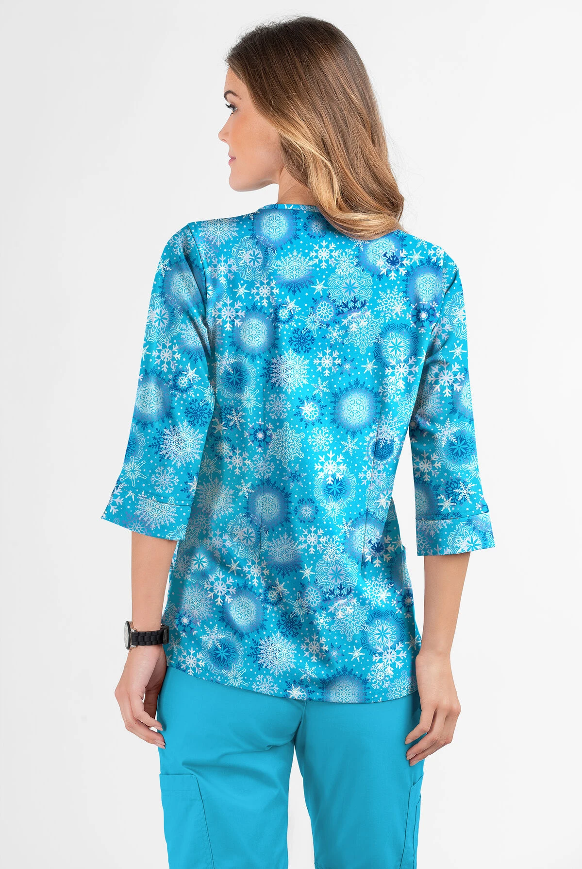 Butter-Soft Dazzling Snowflakes Turquoise Women's 2-Pocket Round Neckline Print Scrub Top 3 Butter-Soft Dazzling Snowflakes Turquoise Women's 2-Pocket Round Neckline Print Scrub Top - Image 3