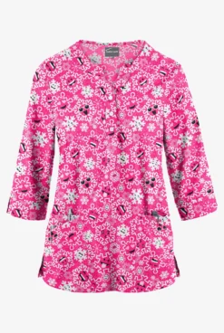 Butter-Soft Smiling Snowflakes Fuchsia Women's 2-Pocket Round Neckline Print Scrub Top