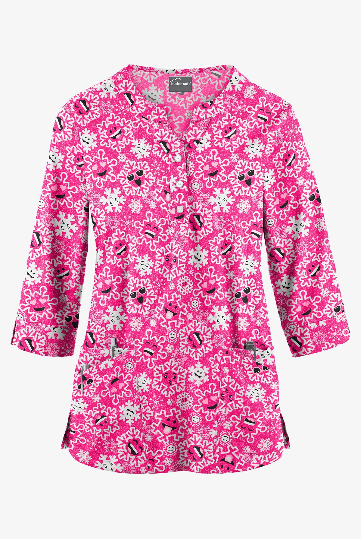 Butter-Soft Smiling Snowflakes Fuchsia Women's 2-Pocket Round Neckline Print Scrub Top 1 Butter-Soft Smiling Snowflakes Fuchsia Women's 2-Pocket Round Neckline Print Scrub Top