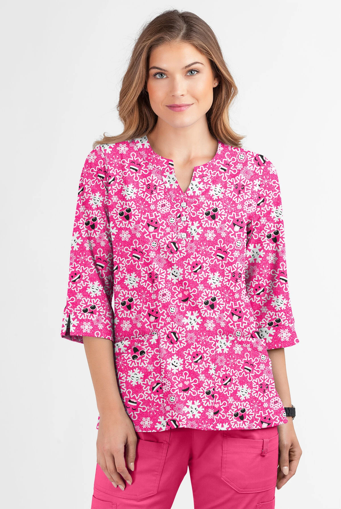 Butter-Soft Smiling Snowflakes Fuchsia Women's 2-Pocket Round Neckline Print Scrub Top 2 Butter-Soft Smiling Snowflakes Fuchsia Women's 2-Pocket Round Neckline Print Scrub Top - Image 2