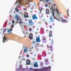 Butter-Soft Yard Friends White Printed  Women's 4-Pocket 3/4th Sleeve Scrub Top