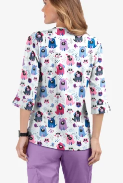 Butter-Soft Yard Friends White Printed  Women's 4-Pocket 3/4th Sleeve Scrub Top -Uniform Store TS584YFW 2