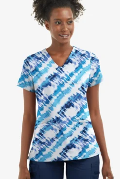UA Butter-Soft STRETCH Belize Ikat Turquoise Women's 2-Angled Welt Pocket V-Neck Printed Scrub Top