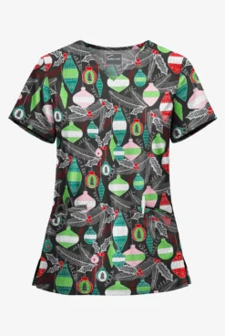 Butter-Soft Christmas Baubles Women's 2-Pocket With Angled Welts V-Neck Print Scrub Top
