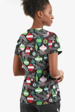 Butter-Soft Christmas Baubles Women's 2-Pocket With Angled Welts V-Neck Print Scrub Top -Uniform Store TS631CBBL 3