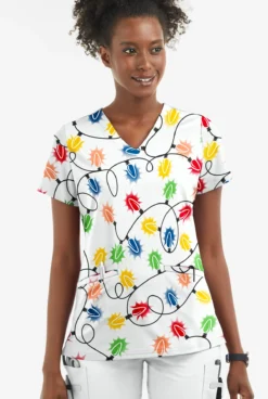 Butter-Soft Fairy Lights Women's 2-Pocket Angled Welt V-Neck Print Scrub Top -Uniform Store TS631FLWT 2