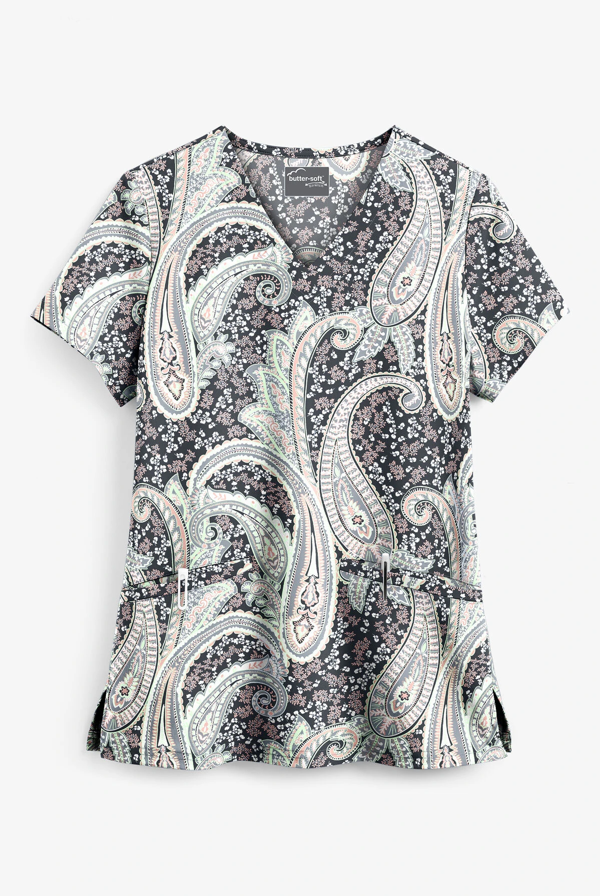 UA Butter-Soft STRETCH Floral Paisley Women's 2-Pocket V-Neck Print Scrub Top 1 UA Butter-Soft STRETCH Floral Paisley Women's 2-Pocket V-Neck Print Scrub Top