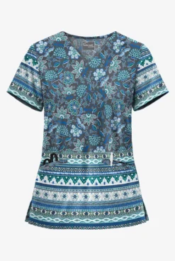 UA Butter-Soft STRETCH Jacobean Border Pewter Women's 2-Pocket With Angled Welt Print Scrub Top