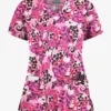 Butter-Soft Pink Ribbon Bouquet Women's 4-Pocket Rounded V-Neck Print Scrub Top