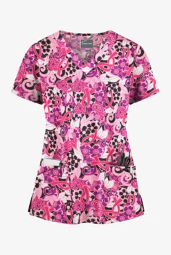 Butter-Soft Pink Ribbon Bouquet Women's 4-Pocket Rounded V-Neck Print Scrub Top