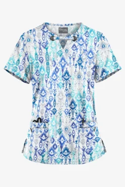 UA Butter-Soft STRETCH Cascading Ikat Amparo Blue Women's 4-Pocket Large Grommet Print Scrub Top