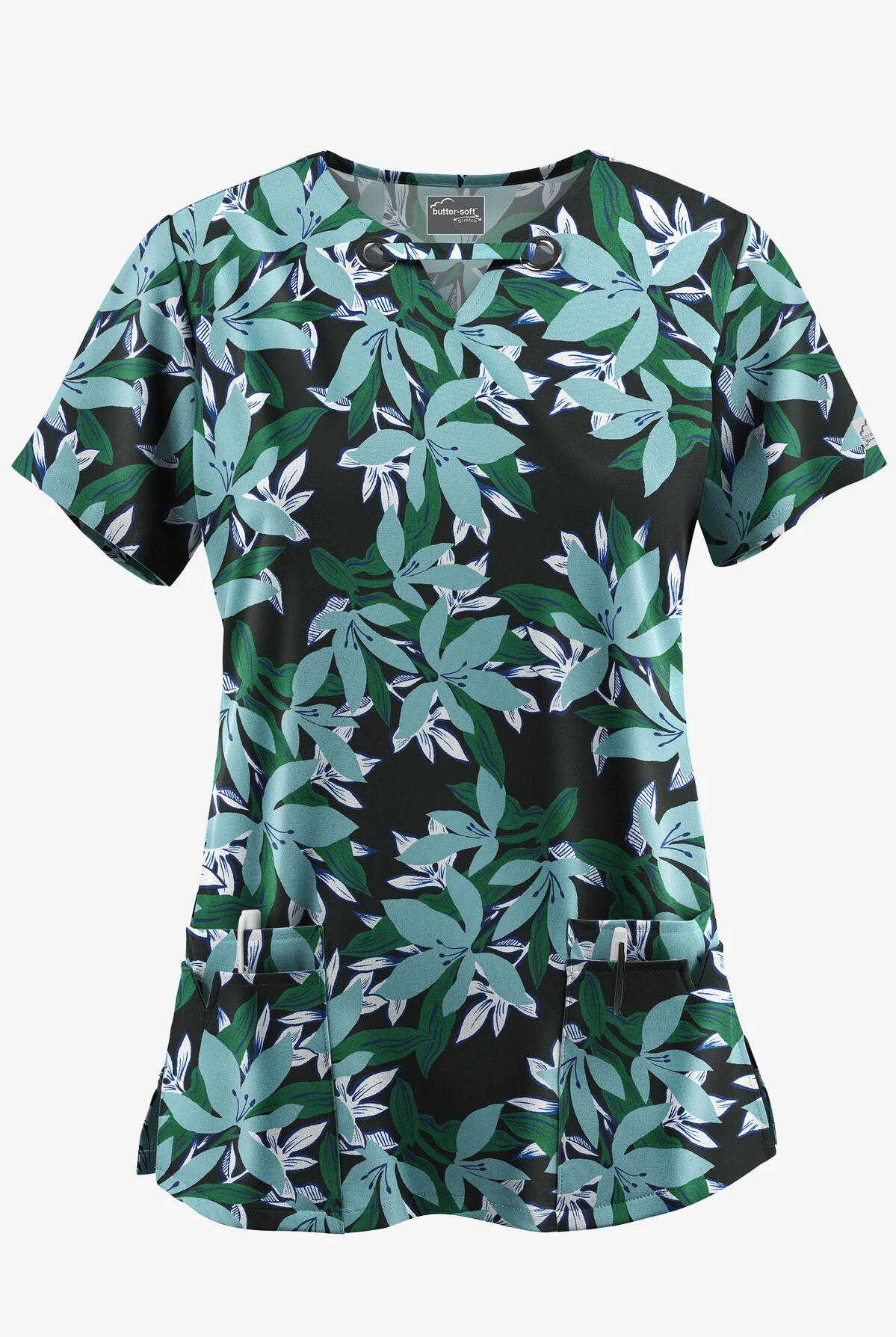 UA Butter-Soft STRETCH Happy Morning Floral Women’s 4-Pocket Grommet Neck Detail Printed Scrub Top 1 UA Butter-Soft STRETCH Happy Morning Floral Women’s 4-Pocket Grommet Neck Detail Printed Scrub Top