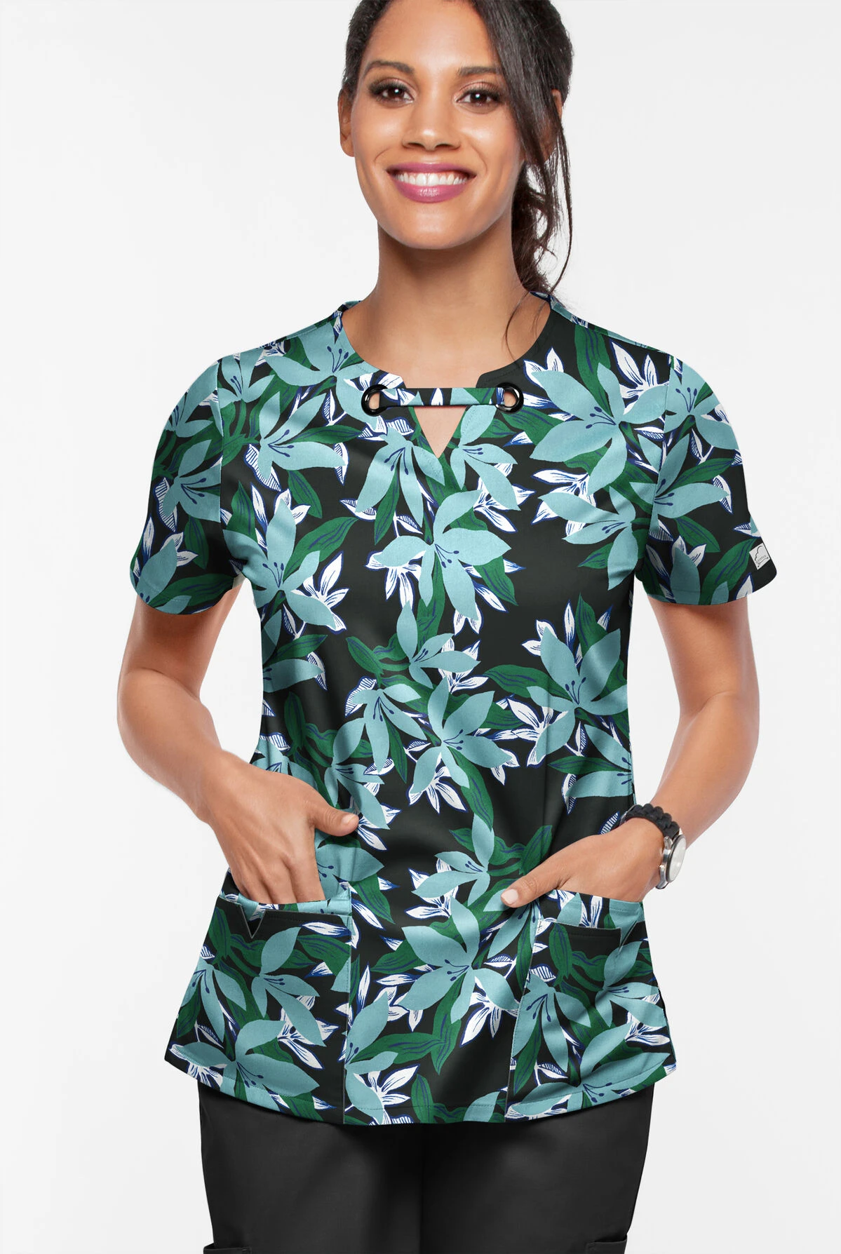 UA Butter-Soft STRETCH Happy Morning Floral Women’s 4-Pocket Grommet Neck Detail Printed Scrub Top 2 UA Butter-Soft STRETCH Happy Morning Floral Women’s 4-Pocket Grommet Neck Detail Printed Scrub Top - Image 2