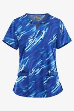 UA Butter-Soft STRETCH Wild Striped Amparo Blue Women's 4-Pocket Large Grommet Print Scrub Top