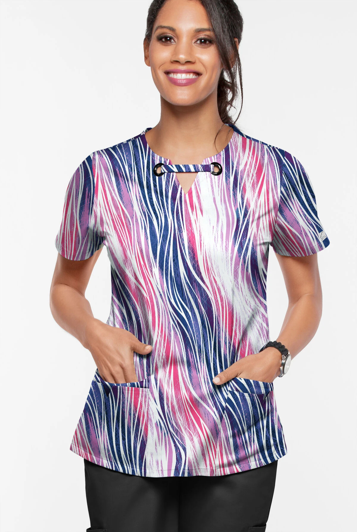 UA Butter-Soft STRETCH Water Waves Fuchsia Women’s 4-Pocket Grommet Neck Detail Printed Scrub Top 2 UA Butter-Soft STRETCH Water Waves Fuchsia Women’s 4-Pocket Grommet Neck Detail Printed Scrub Top - Image 2