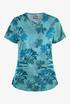 UA Butter-Soft STRETCH Garden Lilies Aqua Moon Women's 4-Pocket Criss Cross Print Scrub Top