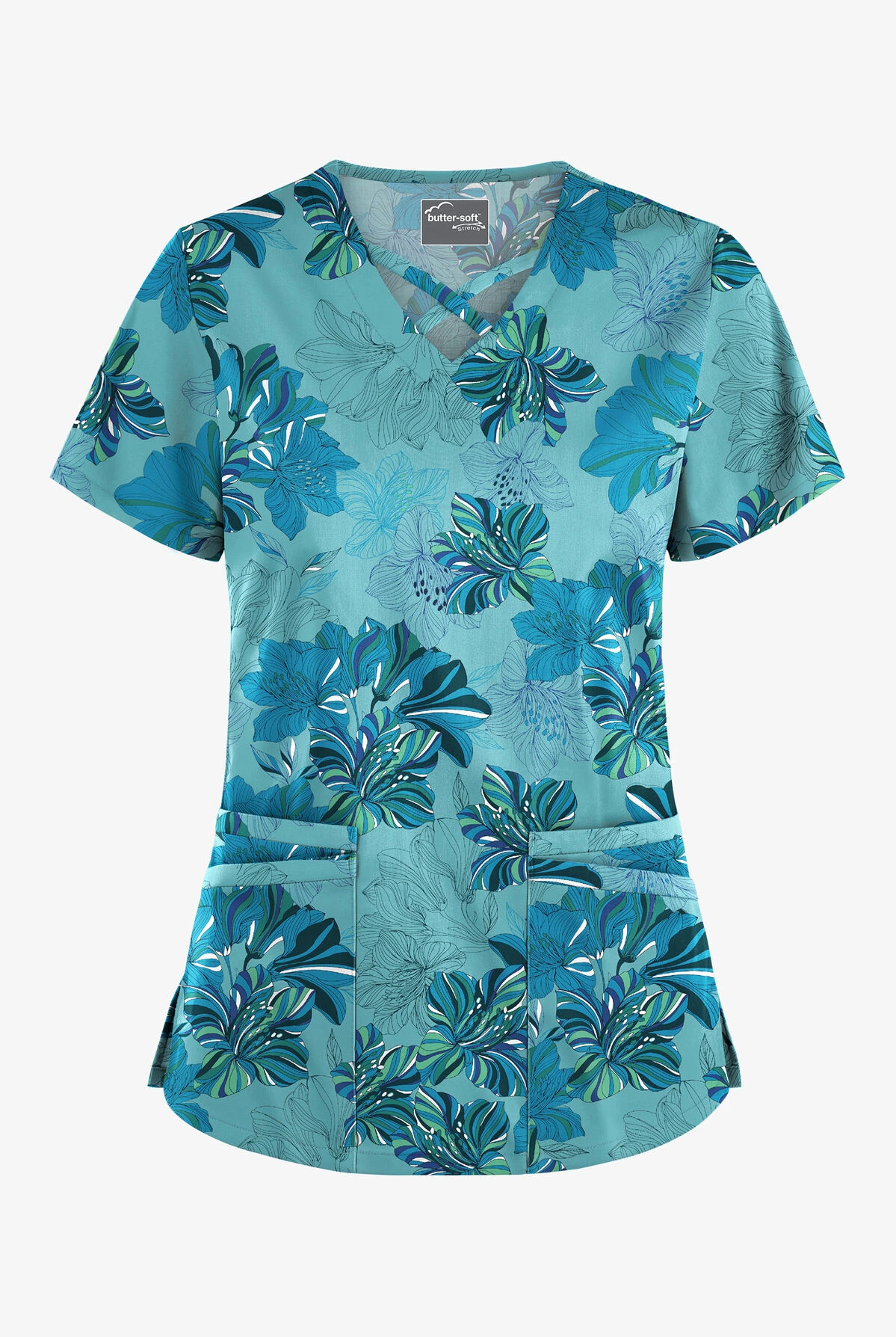 UA Butter-Soft STRETCH Garden Lilies Aqua Moon Women's 4-Pocket Criss Cross Print Scrub Top 1 UA Butter-Soft STRETCH Garden Lilies Aqua Moon Women's 4-Pocket Criss Cross Print Scrub Top
