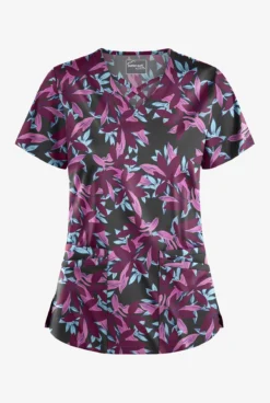 UA Butter-Soft STRETCH Happy Morning Floral Wine Women's 4-Pocket Crisscross Printed Scrub Top