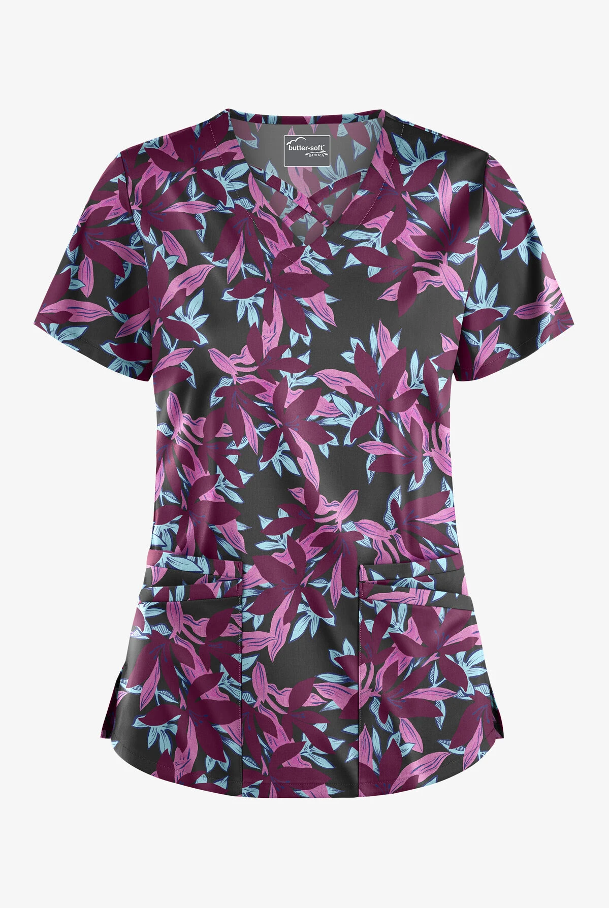 UA Butter-Soft STRETCH Happy Morning Floral Wine Women's 4-Pocket Crisscross Printed Scrub Top 1 UA Butter-Soft STRETCH Happy Morning Floral Wine Women's 4-Pocket Crisscross Printed Scrub Top