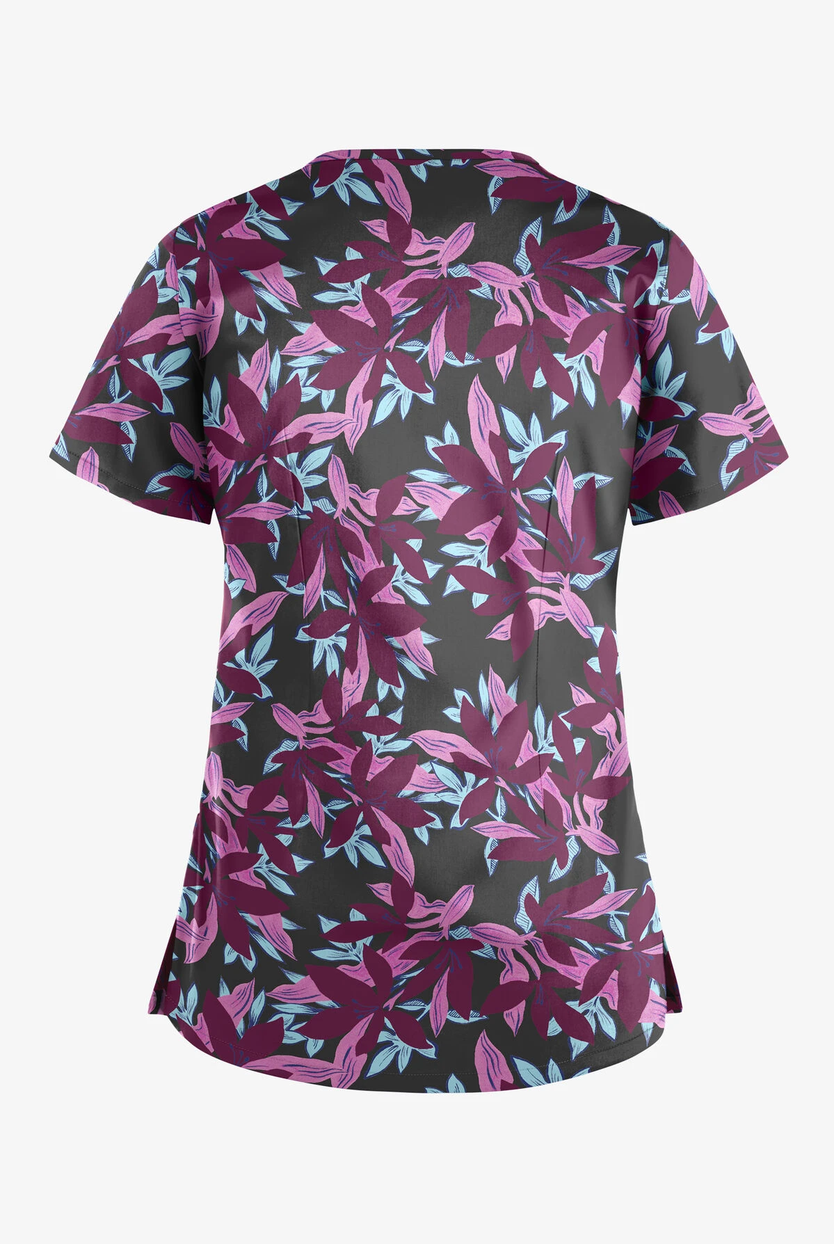 UA Butter-Soft STRETCH Happy Morning Floral Wine Women's 4-Pocket Crisscross Printed Scrub Top 2 UA Butter-Soft STRETCH Happy Morning Floral Wine Women's 4-Pocket Crisscross Printed Scrub Top - Image 2