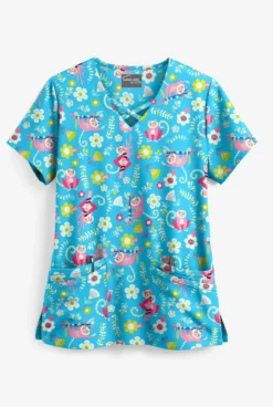 UA Butter-Soft STRETCH Lemur Love Turquoise Women's 4-Pocket Criss Cross Print Scrub Top