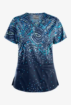 Butter-Soft STRETCH Roman Mosaic Navy Women's 4-Pocket Criss Cross Print Scrub Top