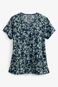 UA Butter-Soft STRETCH Floral Vines Navy Women's 4-Pocket Criss Cross Print Scrub Top