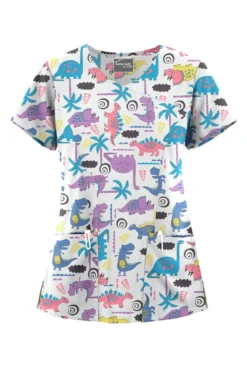 UA Butter-Soft STRETCH Stompin' Dino Orchid Women's 3-Pocket V-Neck Mock Wrap Scrub Top