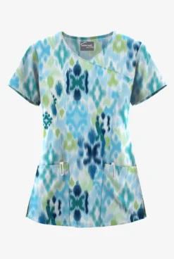UA Butter-Soft STRETCH Varna Ikat Turquoise Women's 3-Pocket V-Neck Mock Wrap Scrub Top