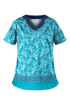 UA Best Buy Scrubs Floating Paisley Turquoise Women's 2-Pocket Scallop Neck Print Scrub Top