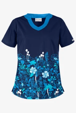 Butter-Soft Floral Field Navy Women's 2-Pocket Scallop Neck Print Scrub Top