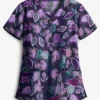 Butter-Soft Filigree Leaves Navy Women's 3-Pocket Criss Cross Print Scrub Top