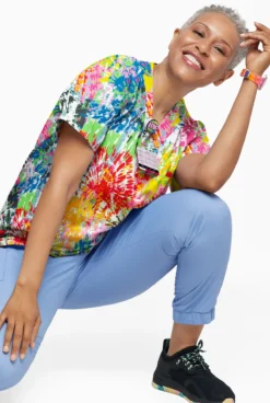 UA Butter-Soft Rainbow Tie-Dye White Printed Unisex 1-Pocket V-Neck Scrub Top -Uniform Store UA71RTD 3