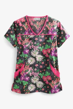 UA Garden Paradise Black Printed Women's 4-Pocket Princess Seam Scrub Top