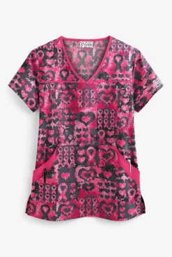 UA Best Buy Scrubs Pink Ribbon Passion Granite Women's 4-Pocket Princess Seam Print Scrub Top