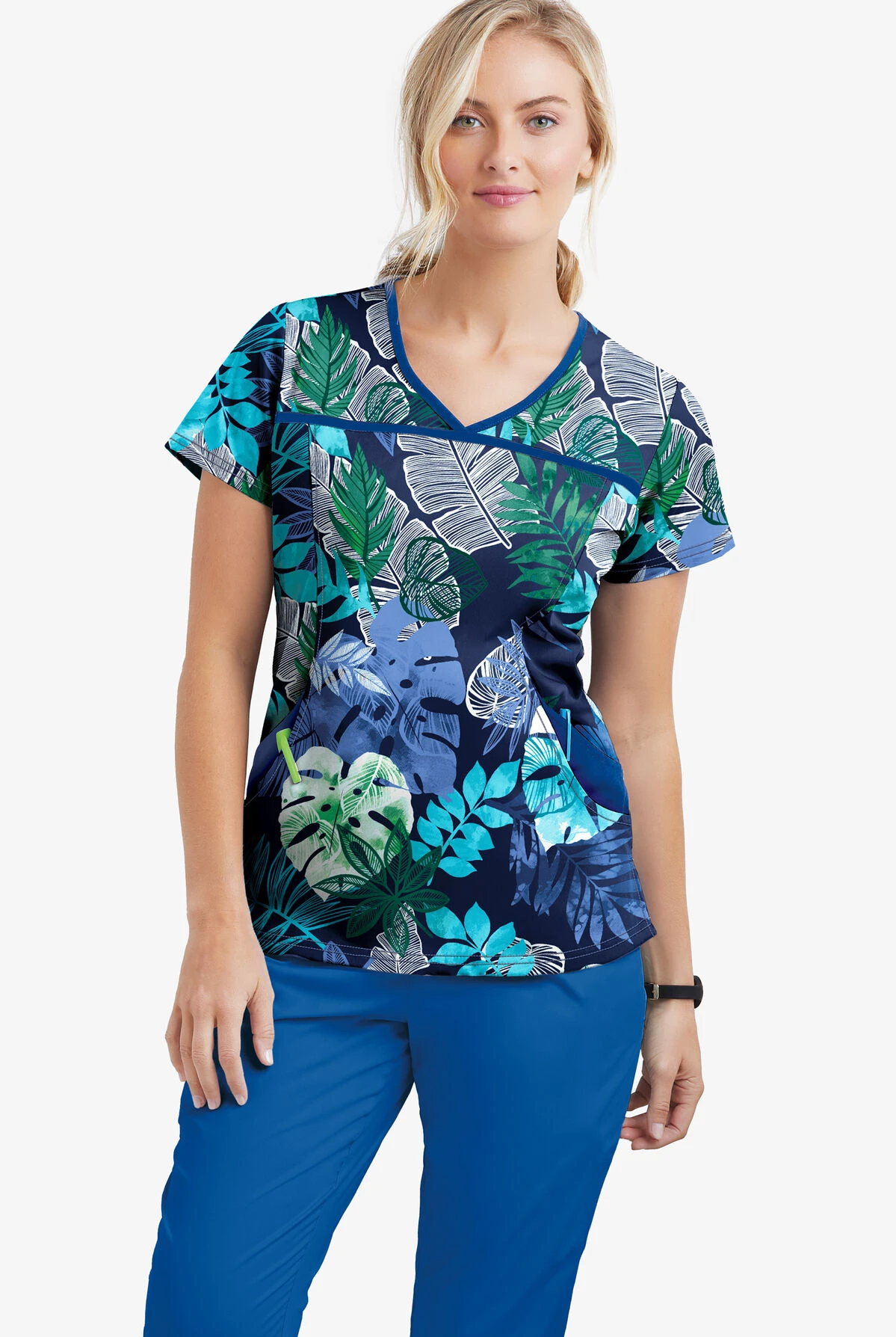 UA Best Buy Scrubs Jungle Fronds Navy Women's 4-Pocket Princess Seam Print Scrub Top 3 UA Best Buy Scrubs Jungle Fronds Navy Women's 4-Pocket Princess Seam Print Scrub Top - Image 3