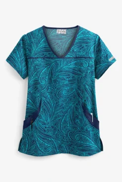 UA Paisley Delight Turquoise Women's 4-Pocket Princess Seam Print Scrub Top